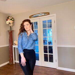 Chambray Lace-Up Peasant Top in Light Blue